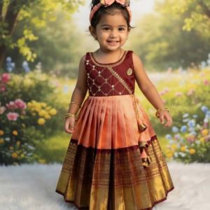 baby girls maroon & peach silk pattu frock with zari border