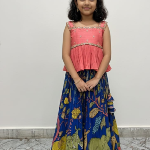 coral pink top with blue elephant printed lehenga for girls