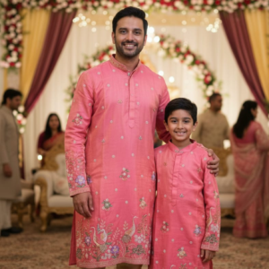 father & son matching pink embroidered kurta set