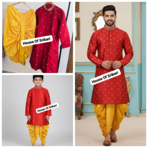father & son red kurta with yellow dhoti set – festive wear combo