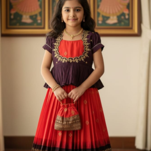 girls maroon & red embroidered lehenga set with potli bag