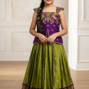 girls purple embroidered top with green silk lehenga set