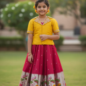 girls yellow embroidered jacket style top with maroon silk lehenga