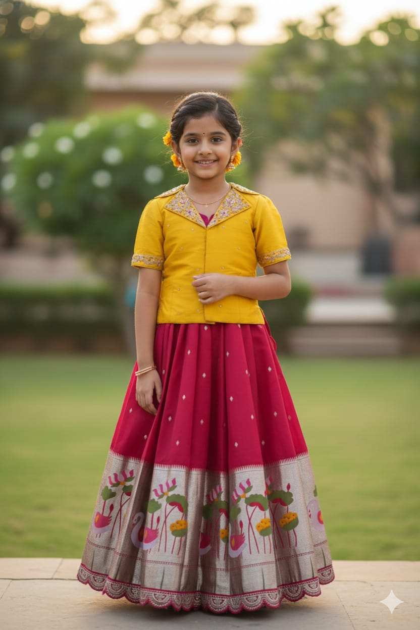 girls yellow embroidered jacket style top with maroon silk lehenga girls yellow embroidered jacket style top with maroon silk lehenga