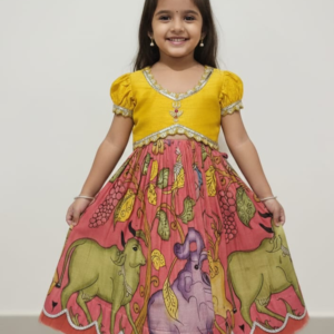 mustard yellow top with printed elephant lehenga dress for girls