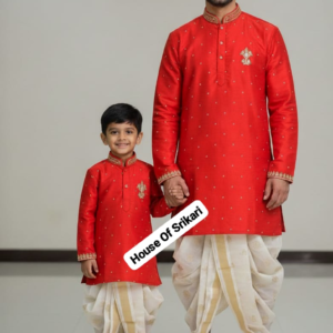 red father–son matching kurta dhoti set