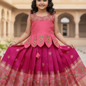 rose pink embroidered top with brocade lehenga for girls