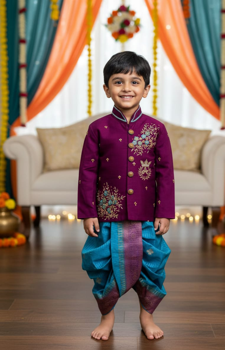 wine purple embroidered sherwani with teal dhoti set for boys wine purple embroidered sherwani with teal dhoti set for boys