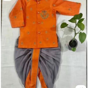rust orange embroidered sherwani with grey dhoti set for boys